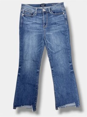 Cropped Bootcut Jeans Women Sz 11 Stretch Mid Rise Raw Hem Blue Denim Judy Blue